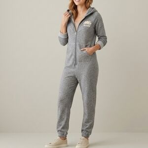 Roots Canada Cabin One Piece PJ Long Johns Pajamas w Hood Gray Size M Jumpsuit